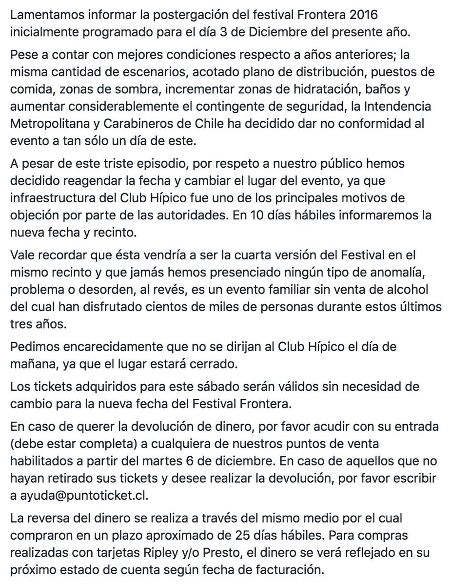 puntoticket's tweet photo. Lamentamos informar la postergación del festival Frontera 2016. Se agradece el RT para difusión. https://t.co/nCV3v42I1h