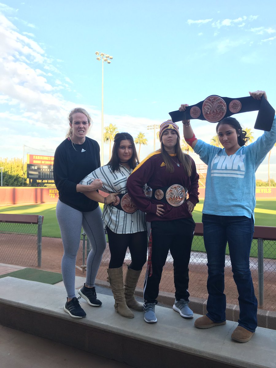 Trisha_Ford's tweet photo. New traditions for @ASUSoftball . The weight room championship belts go to Schick, Bailey, and Sierra courtesy of @coachHMW ! #strongdevils https://t.co/he1dQP2RgU