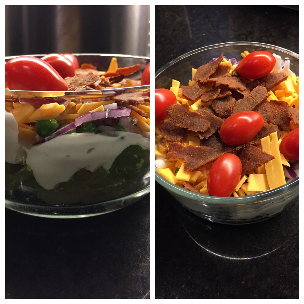 7 layer salad: <a href="/FollowYourHeart/">Follow Your Heart</a> cheese &amp; Vegenaise <a href="/UptonsNaturals/">Upton's Naturals</a> bacon iceberg lettuce peas onion cherry tomato