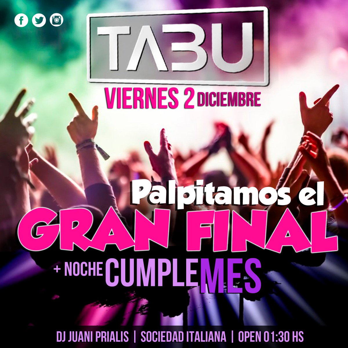 jiprialis's tweet image. Hoy no hay excusas: ¡Noche ideal para @Tabu2016! 🎉 #PreFinal, palpitamos la gran noche del #16D con la #NocheCumpleMes. ¡Nos vemos ahí! 😉