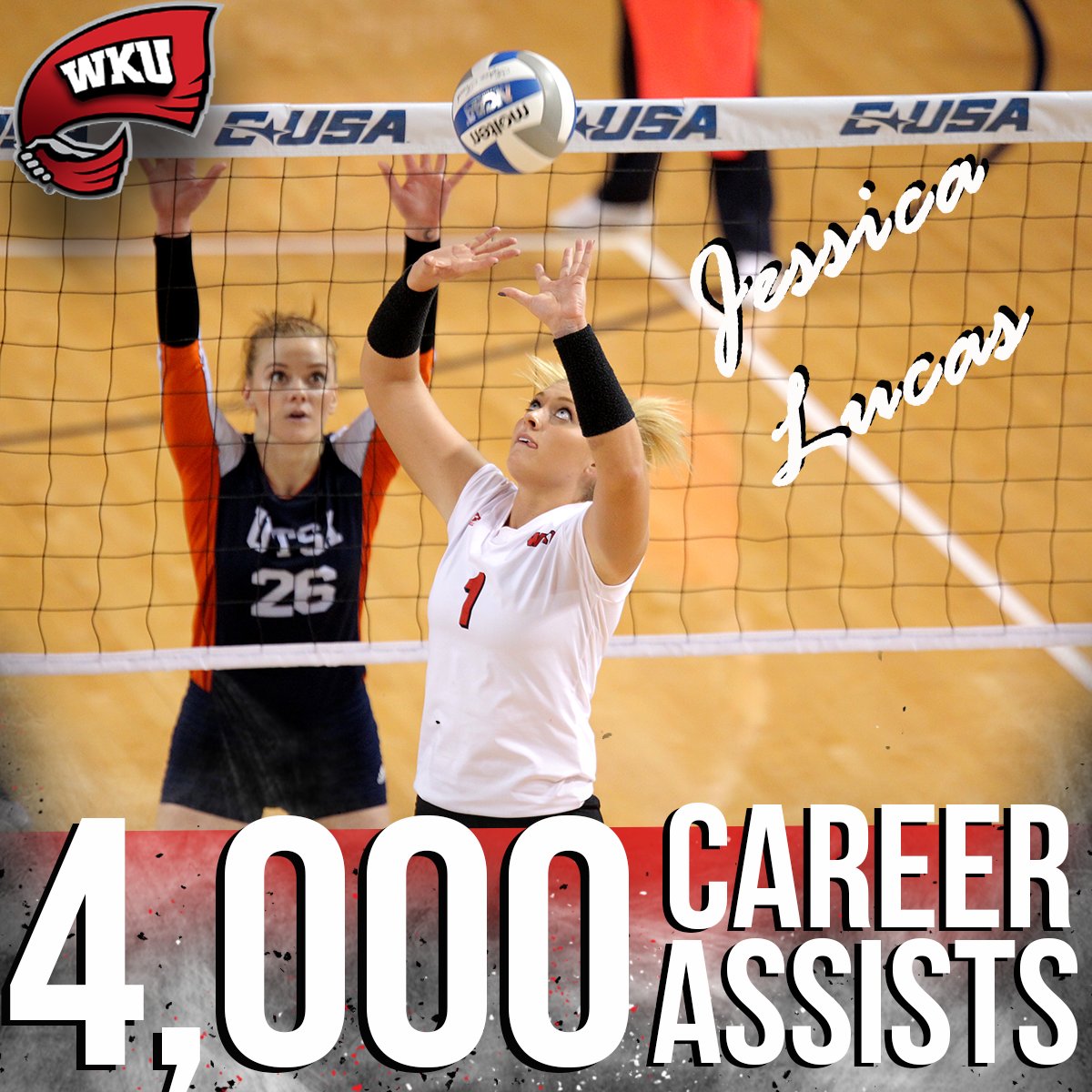 WKUVolleyball's tweet photo. That's career assist number 4,000 for Jessica Lucas! https://t.co/UYOsStIn05