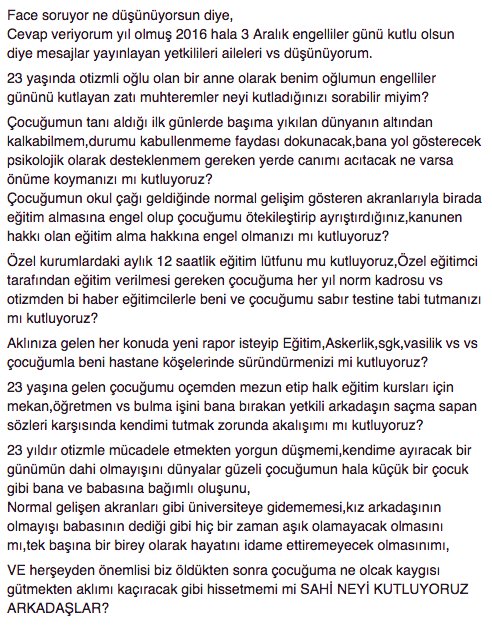 bir otizmli annesinin 3 Aralık mesajıdır...