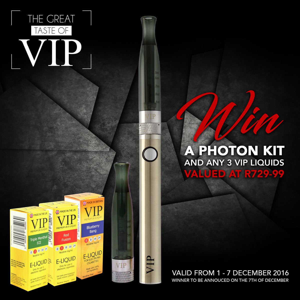 vip_africa's tweet photo. SIMPLY RETWEET &amp; LIKE THIS POST TO STAND A CHANCE TO WIN AN AWESOME PRIZE!
#VIPphotongiveaway
#VIPpremiumvaping
#VIPmadeinengland
#VIPway https://t.co/Od5FD729rs
