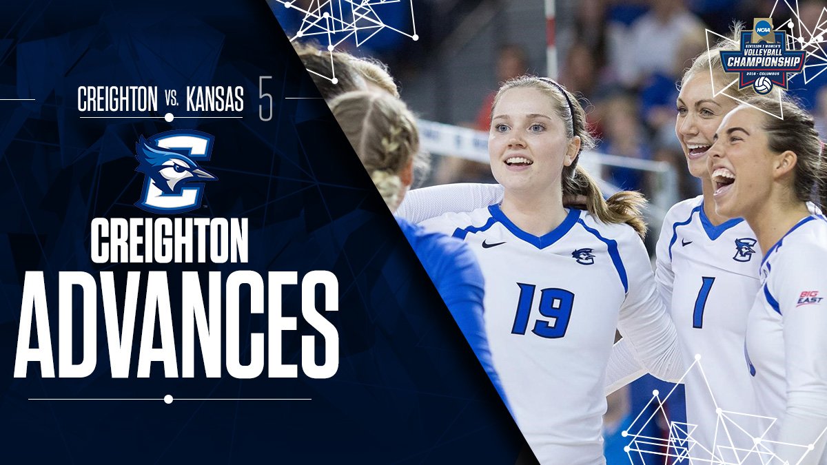 NCAAVolleyball's tweet photo. UPSET!

Creighton shocks No. 5 Kansas on its home court, 20-18 in the fifth, and will play No. 12 Michigan at Regionals. #NCAAVB https://t.co/DZUIvqiIdA