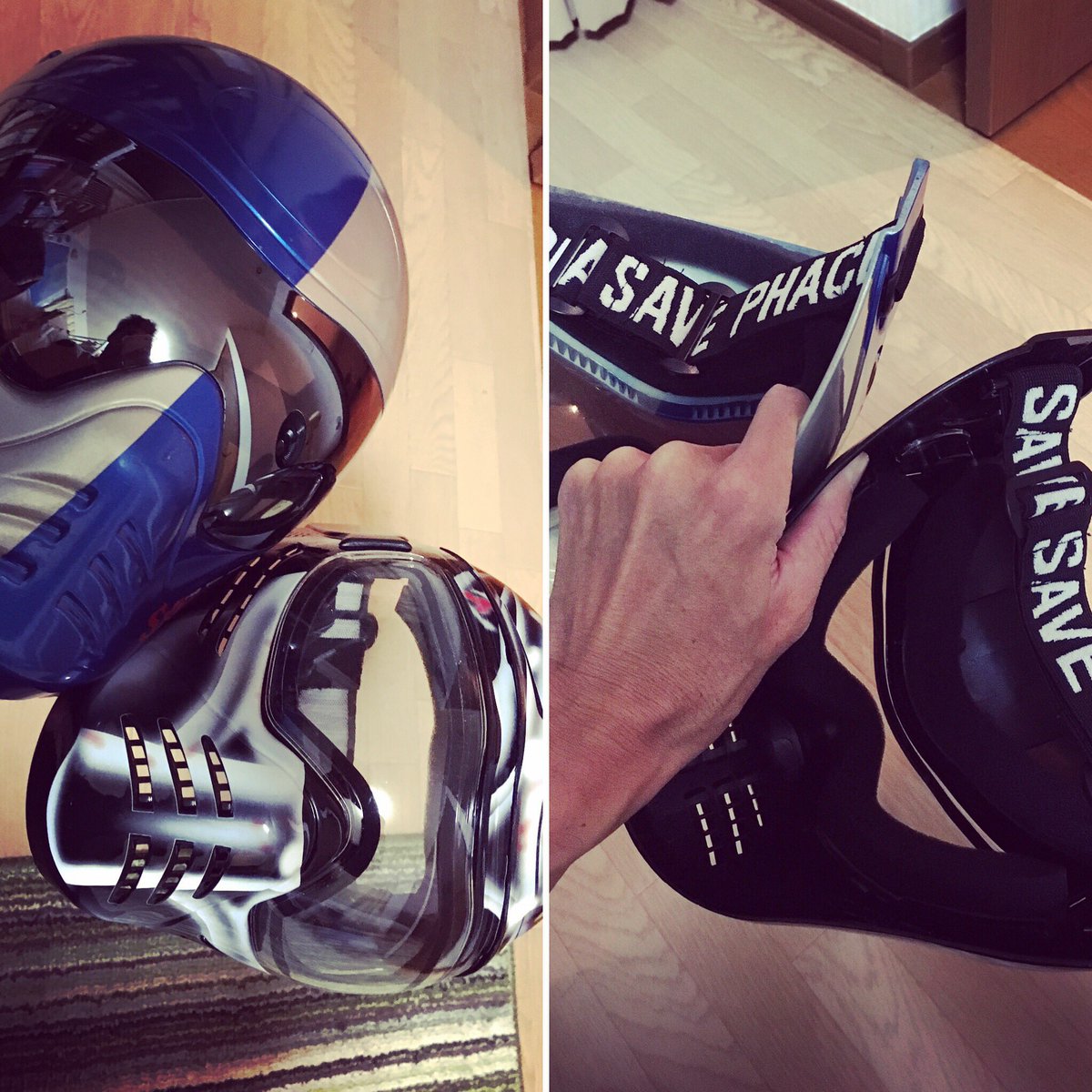 axcel_man's tweet photo. ウチには一度も本来の目的を果たしていないお面が2つもあります
#savephace #savephacejapan #単に釣りに行かないだけ #使うか使わないかは別にして季節的に引っ張り出しました https://t.co/HA7fUhmMVo