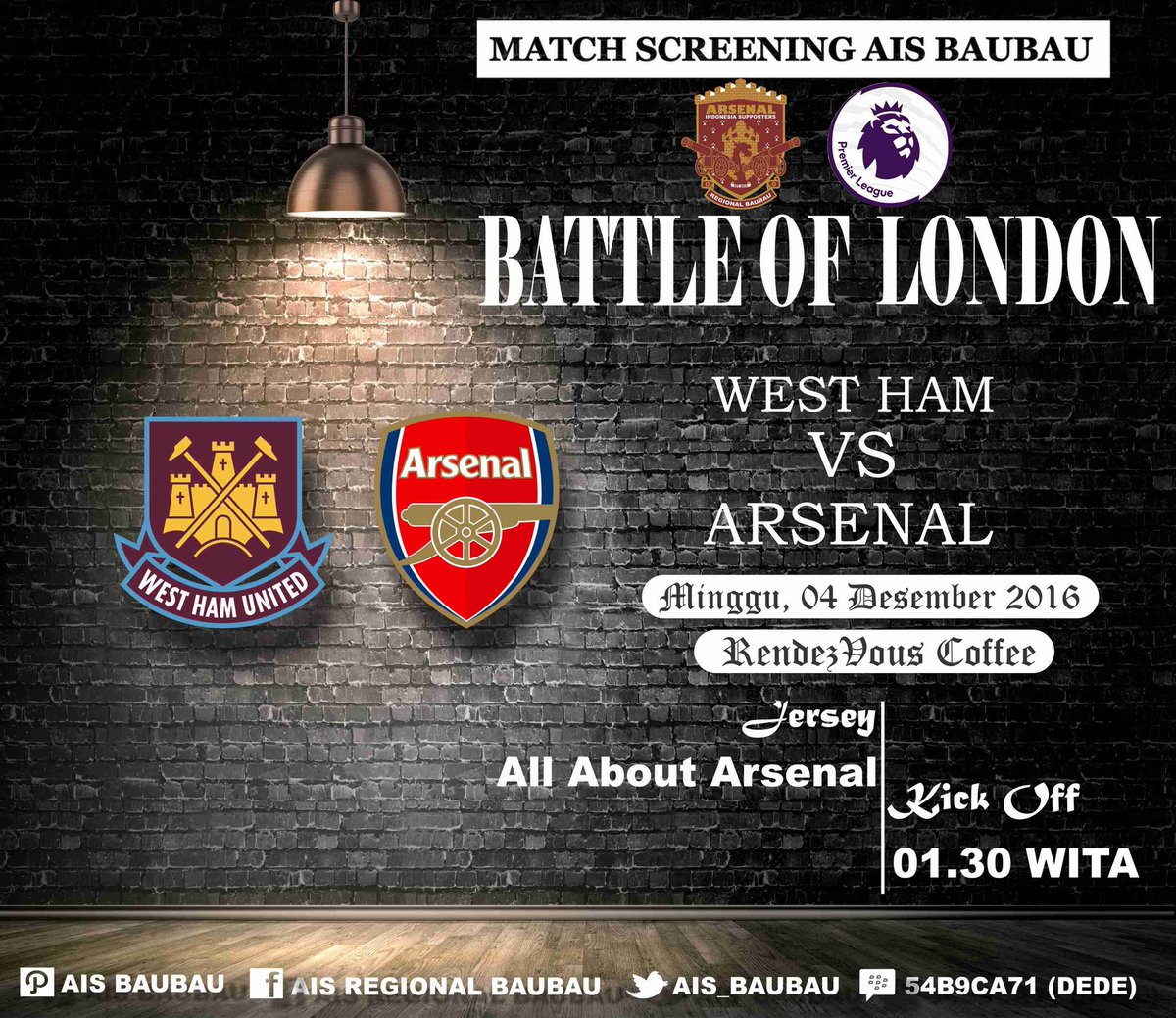 AIS_BAUBAU's tweet photo. #MatchScreeningAISBAUBAU
•WestHam v ARSENAL
•Malam ini, start 00.15 Wita
•at Rendezvous coffee
•Htm Order
•Dress AFC
@AFC_Kendari https://t.co/82vO4uy9oK