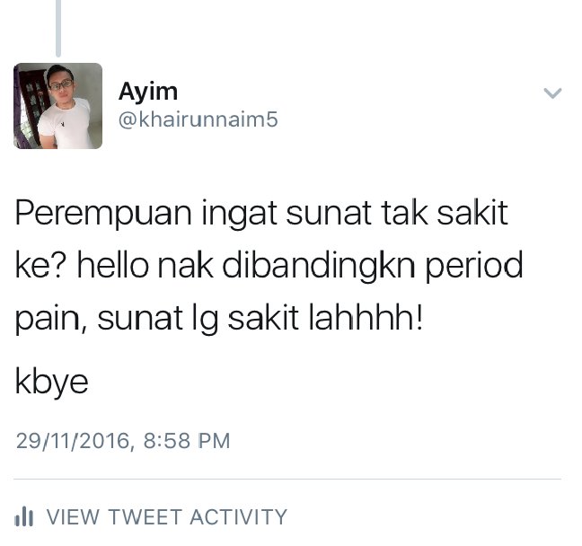 Rozaimiii's tweet photo. Bila kau cuba pepandai buat teori tentang perempuan dan cuba buat prbandingan antara sunat dan period.Bro kau kena tahu prempuan always win. https://t.co/yyTs3KqCeP