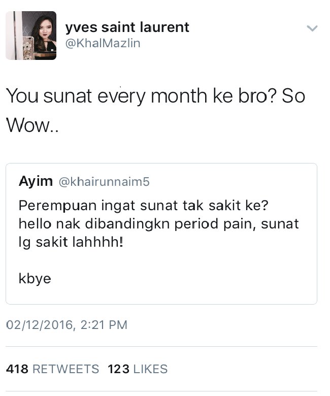 Rozaimiii's tweet photo. Bila kau cuba pepandai buat teori tentang perempuan dan cuba buat prbandingan antara sunat dan period.Bro kau kena tahu prempuan always win. https://t.co/yyTs3KqCeP