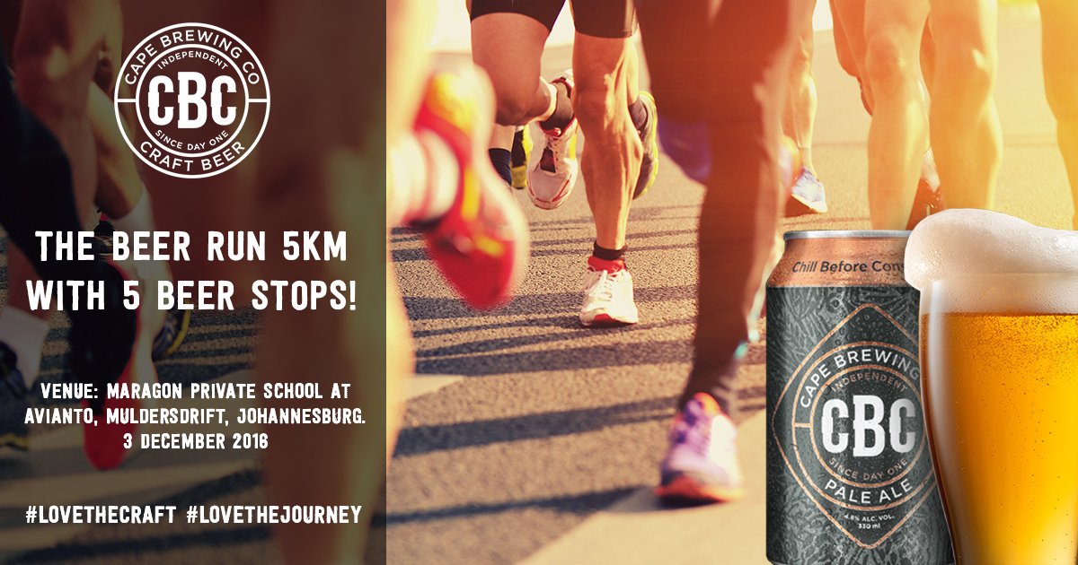 CapeBrewingCo's tweet photo. Get ready for the 5km Beer Run Saturday 3 December! #CapeBrewingCo #Lovethecraft #Beerrun #PaleAle #CBCbeer #Johannesburg #Muldersdrift https://t.co/wUVtRfwNWu