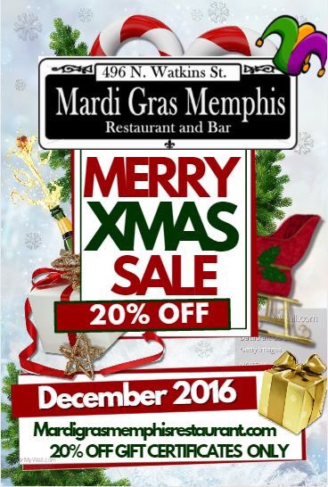Give the gift of flavor with a Mardi Gras memphis Gift certificate now 20% off for a limited time only