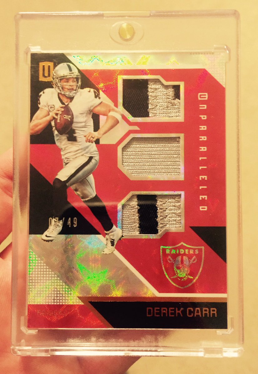 B_Blissful17's tweet photo. @dacardworld just pulled this nasty D. Carr patch card out of an Unparalleled box you sent me!! #SickPull https://t.co/340znAWkhZ