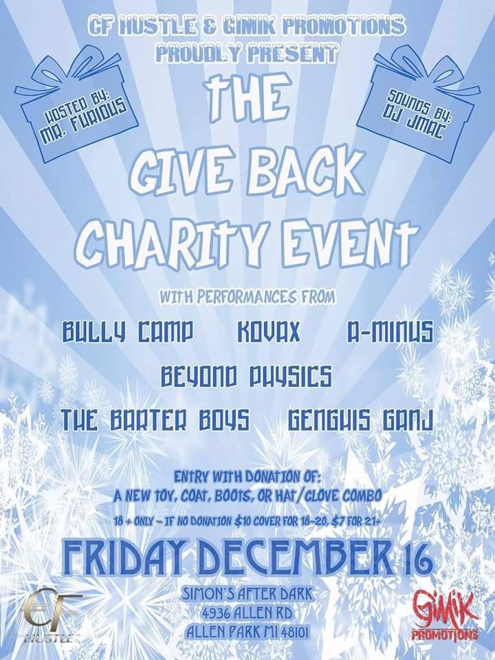 MIMadProfessor's tweet photo. 12/16/16 #THEGIVEBACK from @richthepromoguy & @CFHustle w/ #bullycamp #a-minus #thebarterboys #kovax #genghisganj #beyondphysics https://t.co/VlZAJmoo5z