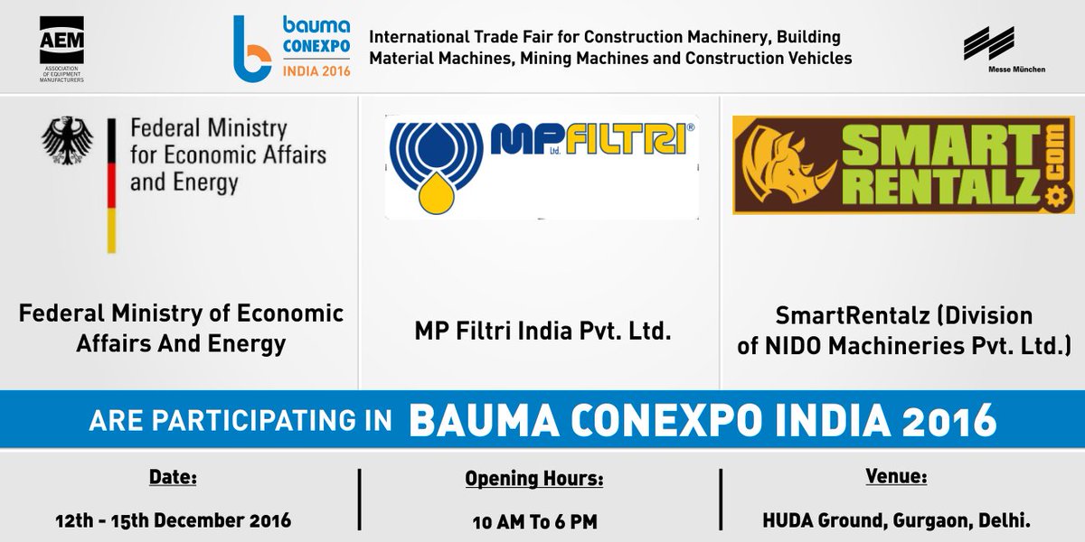 baumaCONEXPOIND's tweet photo. Here are the exhibitors from Component &amp; service suppliers category:
Federal Ministry of Economic Affairs &amp; Energy,MP Filtri &amp; @smartrentalz https://t.co/Ps3YPkgvDq