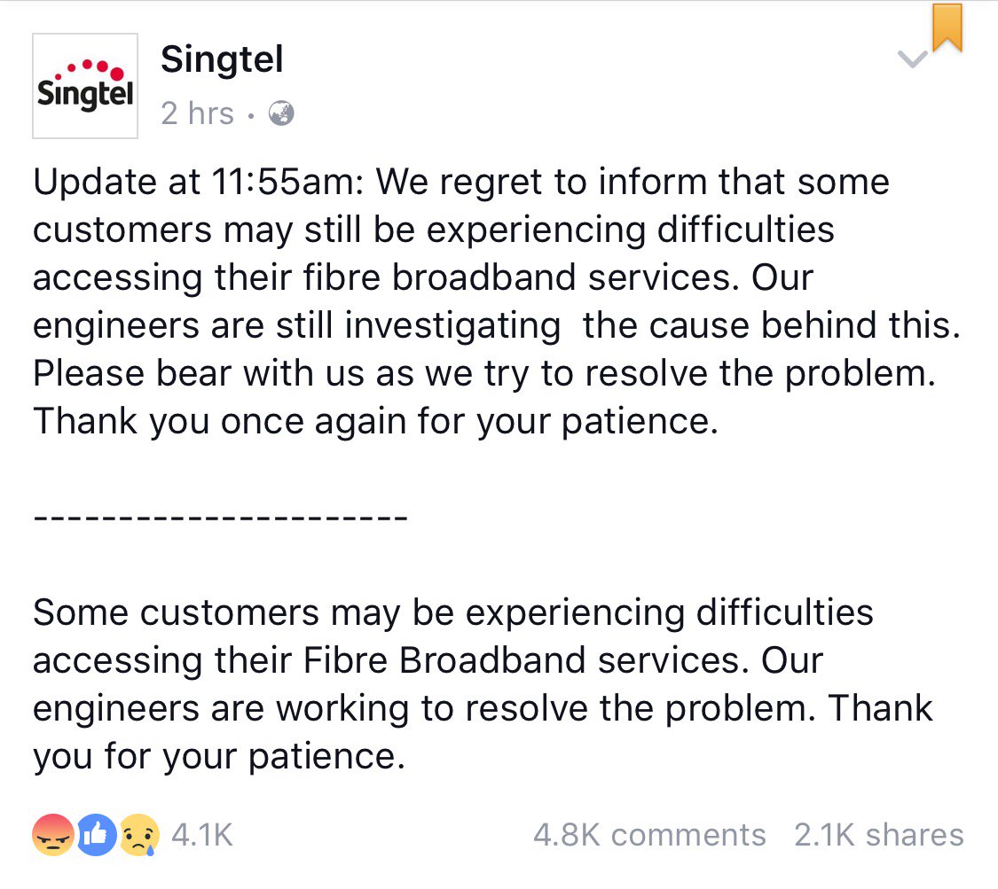MothershipSG's tweet image. Well done, @Singtel. You've just wasted your broadband subscribers' 4G over an entire Saturday morning: bit.ly/2h4ltsO