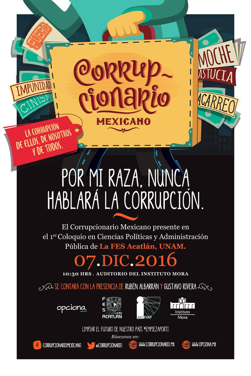 El 7 de diciembre a las 10:30 se presentará el libro <a href="/corrupcionario/">Corrupcionario</a> en las Instalaciones del <a href="/institutomora/">Instituto Mora</a> <a href="/FESAcatlanCPyAP/">Egresado FES Acatlán</a> <a href="/FES_ACATLAN/">FES ACATLÁN - UNAM</a>