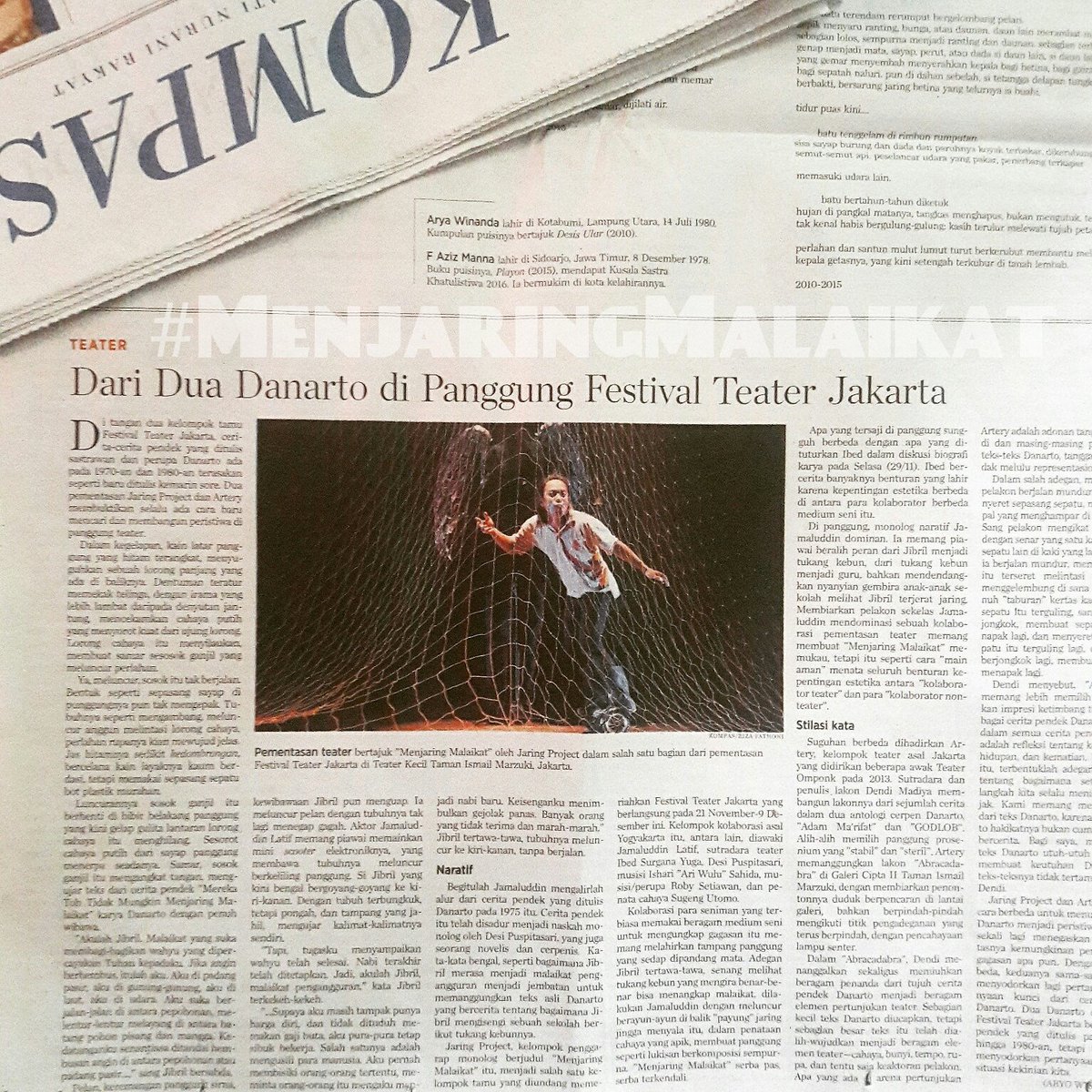 JARINGPROject's tweet photo. Liputan #MenjaringMalaikat pada perhelatan Festival Teater Jakarta @FTJkita, @JakArtsCouncil di koran Kompas Sabtu, 3 Desember 2016. https://t.co/LSBxrFUTaQ