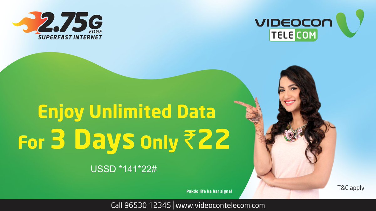 VideoconTelecom's tweet image. Only at Rs 22 enjoy unlimited data for 3 days.
For more click on videocontelecom.com