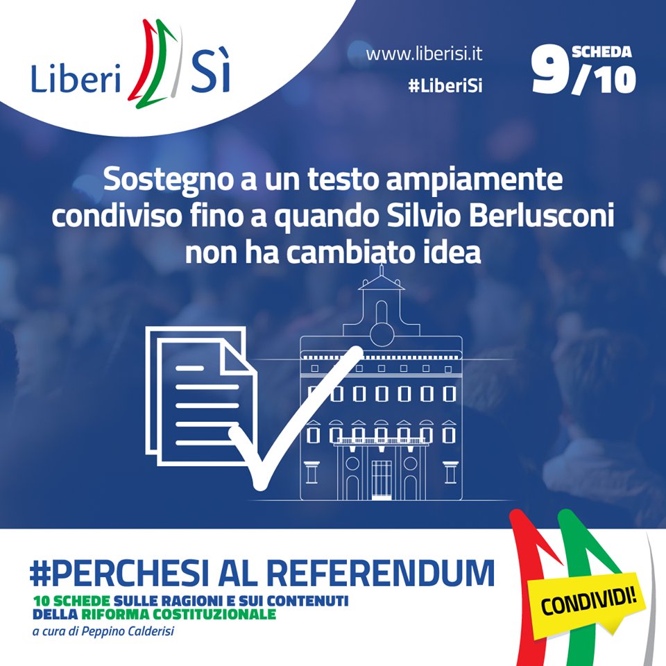 Liberi_Si's tweet photo. Sostegno a un testo ampiamente condiviso, fino a quando #Berlusconi non ha cambiato idea. Ecco #PercheSi #LiberiSi #referendumcostituzionale https://t.co/F0pKe2zoJJ