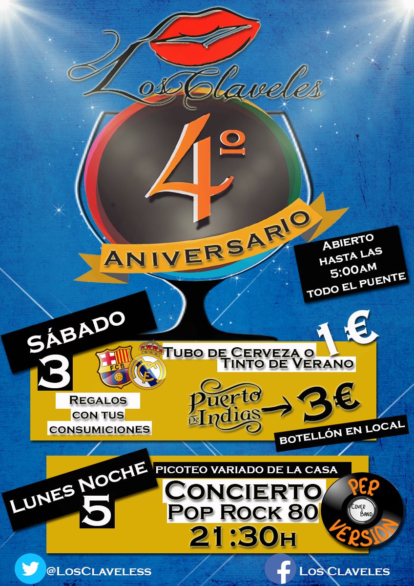 Hoy en <a href="/LosClaveless/">Los Claveles</a>...
Barça - Real Madrid a las 16:15h 
⚽️🏃🏾
Tubo de Cerveza🍺o Tinto de Verano 🍷1€
🕚Puerto de Indias 🍸3€
Os esperamos 😉😉