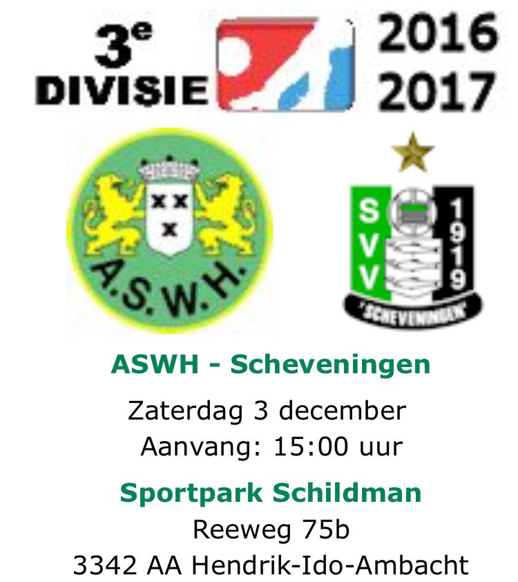 SchevZAT1's tweet photo. ASWH - Scheveningen
Vanmiddag 15:00u
Sportpark Schildman
Reeweg 75b
3342 AA Hendrik-Ido-Ambacht #aswsch #3ediv https://t.co/ISdQBmn4sj