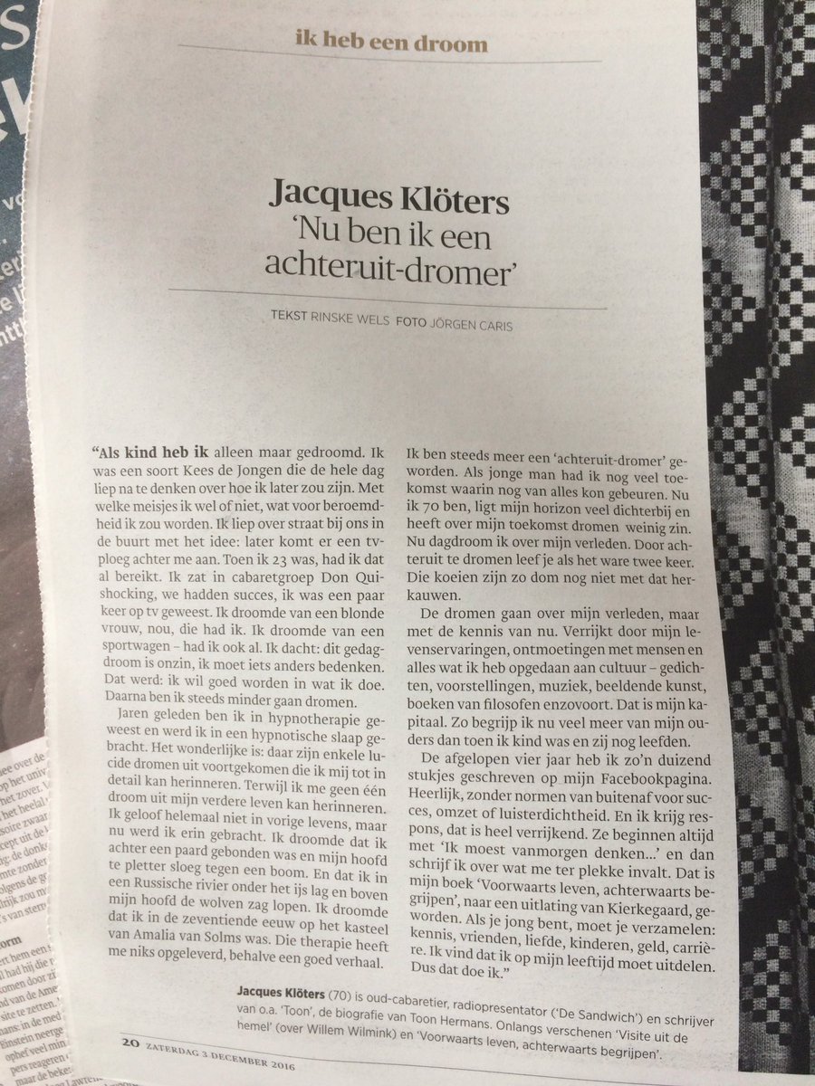 rinskewels's tweet photo. Vandaag in @trouw: de 'achteruit-dromen' van Jacques Klöters @desandwichman! Over dagdromen, hypnotherapie en uitdelen. Foto: Jörgen Caris https://t.co/46UJGrJBQ0