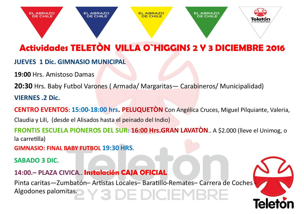 RadioMadipro's tweet photo. Recuerde Actividades @Teleton en Villa O`@OhigginsV Sabado 3 en el Gimnasio a las 14:00 hrs. Desde Campos de Hielo Sur con #ElAbrazoDeChile https://t.co/BjIMaOt6PJ