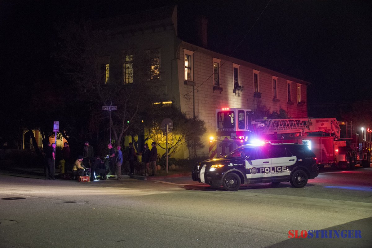 SLOStringer's tweet photo. #SanLuisObispo hit&run vehicle vs bicyclist, minor injuries. Only description white SUV with front bumper damage. Osos St 11PM #SLOPD #SLOFD https://t.co/ogUNkPW9g9