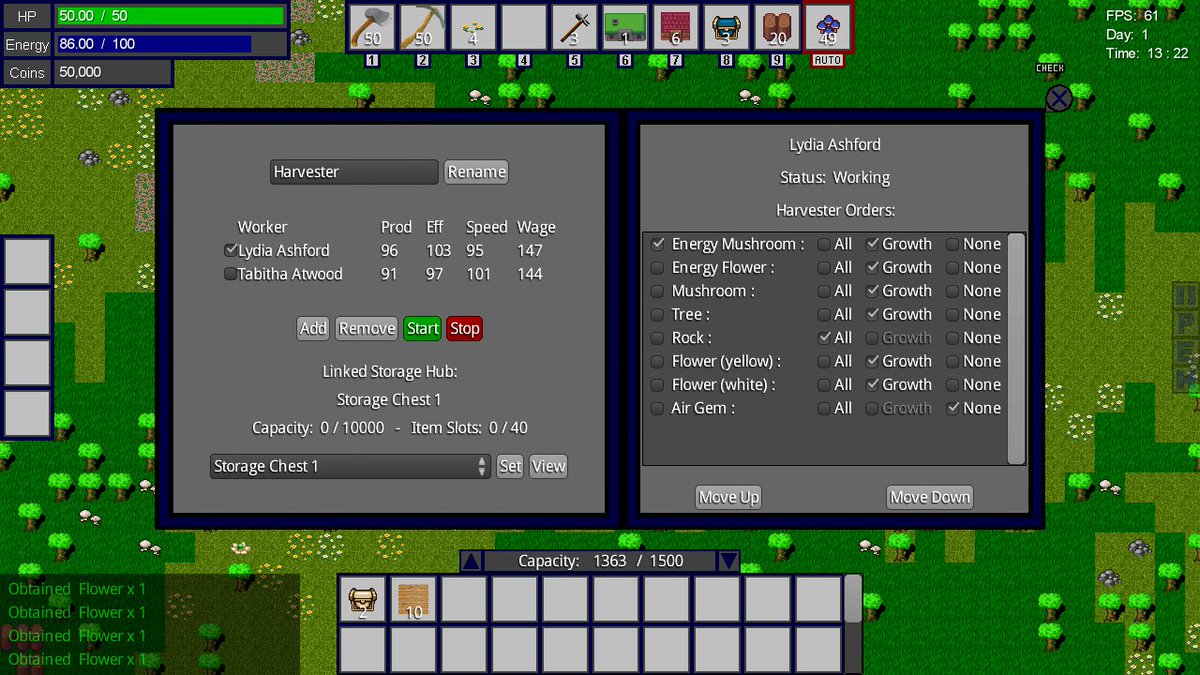 Here's a WIP look at the new Harvester Hut UI. You can assign workers and tell them what to harvest here.
#gamedev #screenshotsaturday