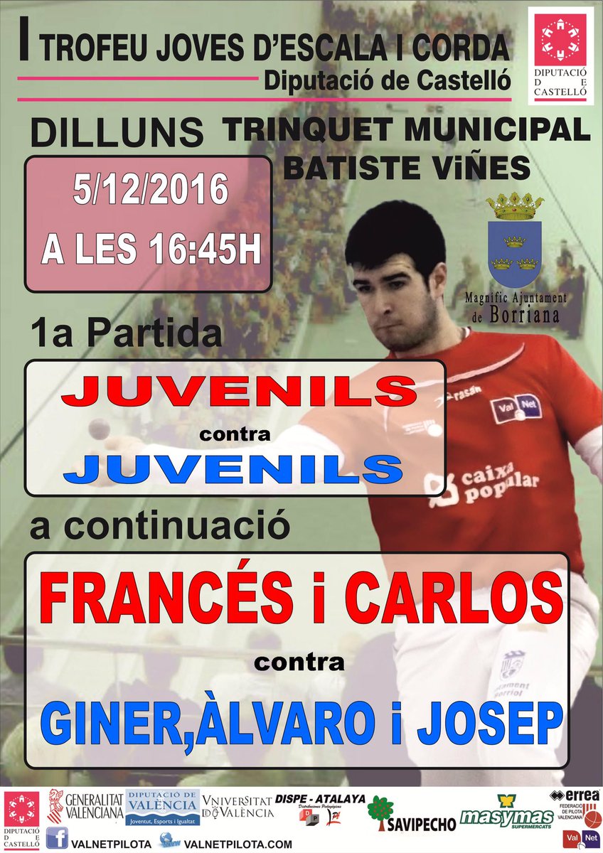 Cartel del dilluns 5-12-16 @pilotaveu <a href="/ElJocDelPoble/">El Joc Del Poble</a> <a href="/DipuEsport/">Castellón, Escenario Deportivo</a> <a href="/fedpival/">FedPilotaValenciana</a>  <a href="/tesasports/">Tesasports</a> <a href="/Castdepor/">Castdepor</a> <a href="/RevistaFerida/">Ferida</a> #pilotavalenciana