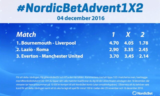 NordicBetSV's tweet photo. Andra kvalet till 10 000kr-finalen den 18:e dec!

1. Följ
2. RT:a 
3. Tippa o hashtagga #NordicBetAdvent1X2

Läs: https://t.co/tDBfSaajR8 https://t.co/FhQ4ifRgEw