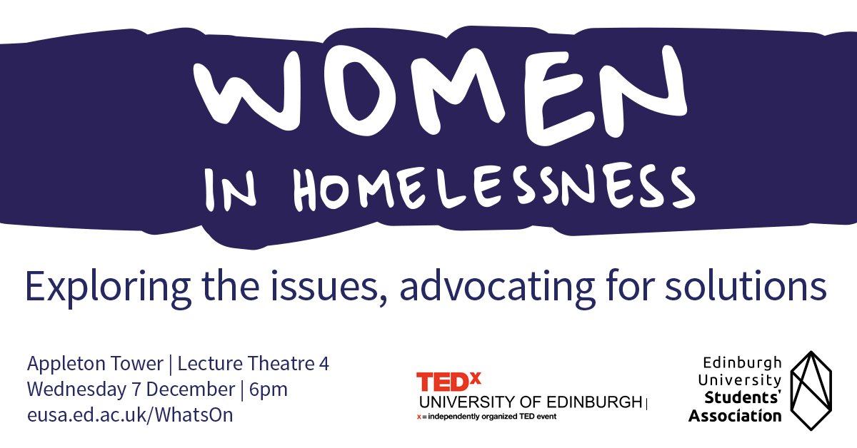 Want to #helpthehomeless? Join us and <a href="/TEDxUoE/">TEDxUniversityofEdinburgh</a> for a talk THIS Wed to support women in homelessness <a href="/shelterscotland/">Shelter Scotland</a> ow.ly/YxZI306FPnd