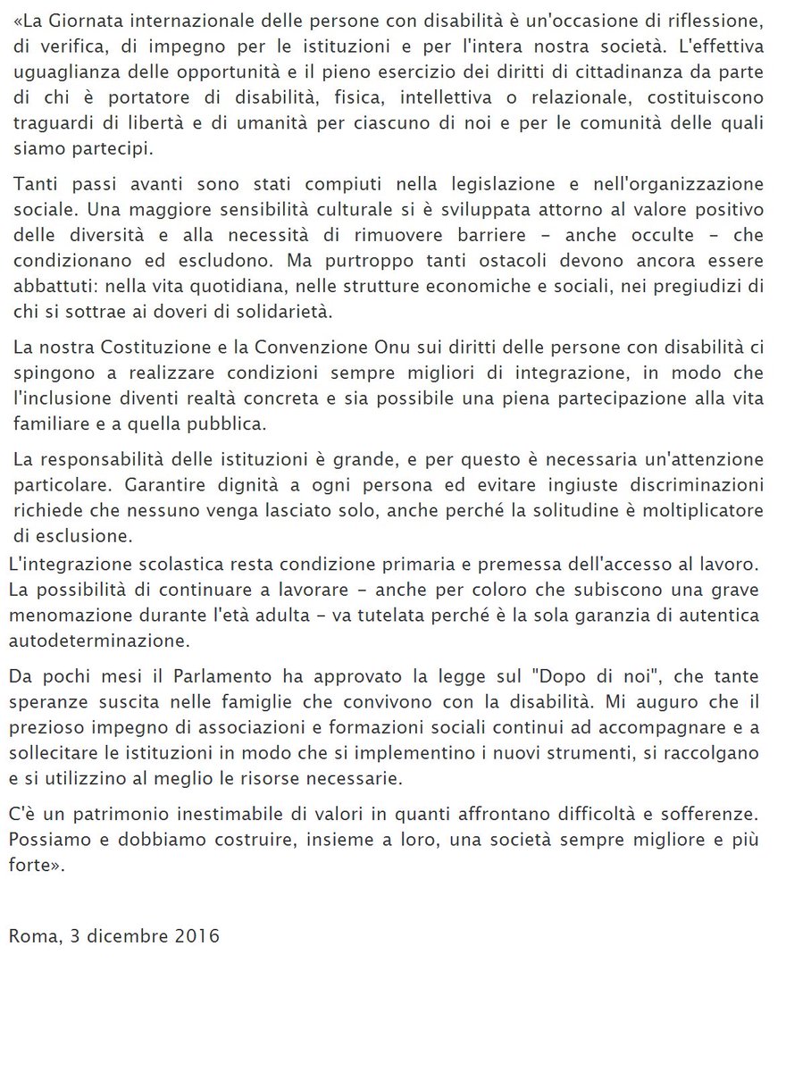 Quirinale's tweet photo. Dichiarazione del Presidente #Mattarella in occasione della Giornata internazionale delle persone con disabilità https://t.co/oCeNKIFl6i