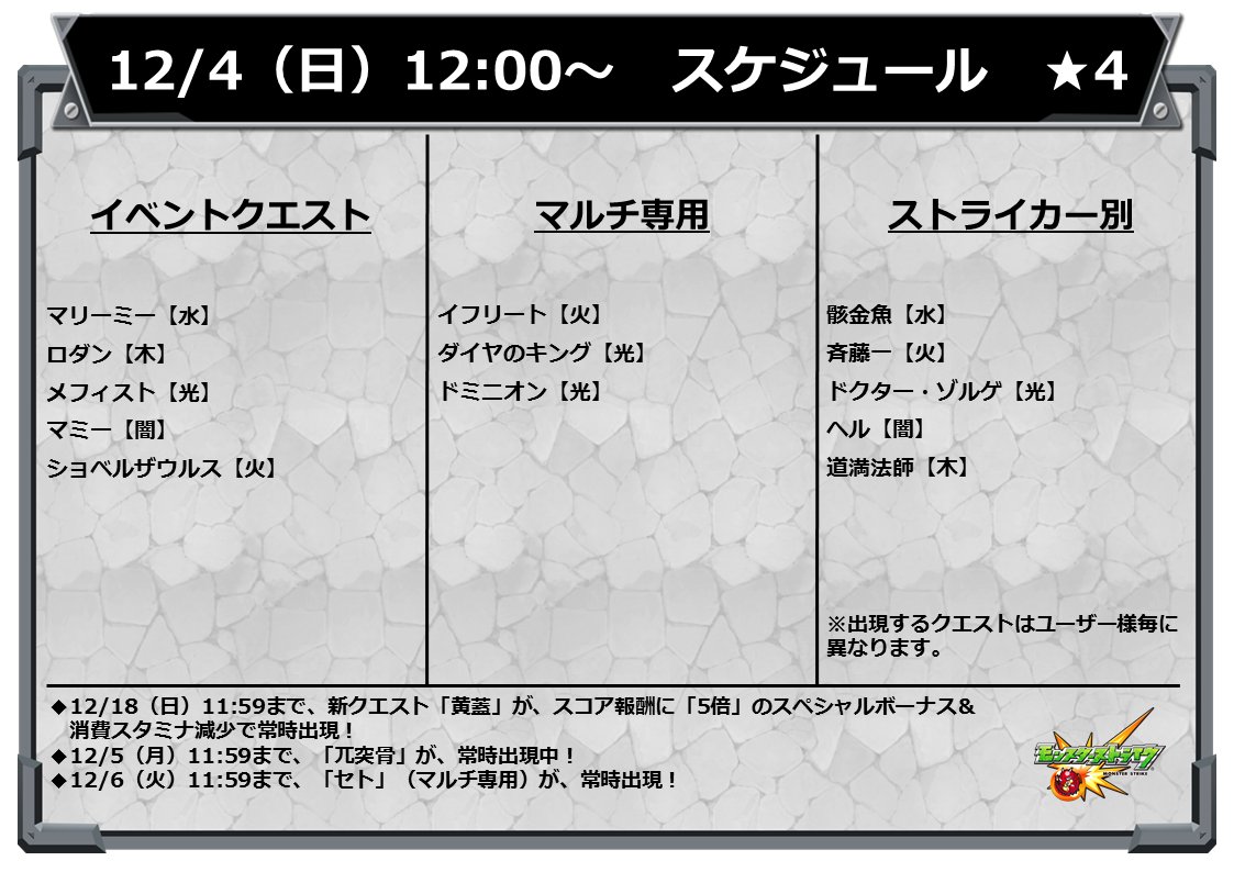 モンスターストライク公式 モンスト V Twitter イベントスケジュール 明日12時 正午 から 以下の 4クエストが出現スタート モンスト モンスターストライク公式 モンスト V Twitter イベントスケジュール 明日12時 正午 から 以下の 4クエストが出現スタート モンスト