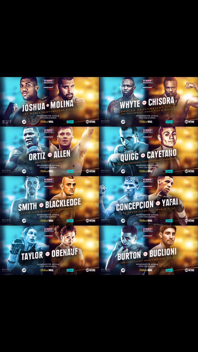 EddieHearn's tweet photo. 1 week today it's on!!!!!! #JoshuaMolina #whytechisora #smithblackledge #YafaiConcepcion #QuiggCayetano #OrtizAllen #BurtonBuglioni #Taylor https://t.co/5Q5iCMRs0Q