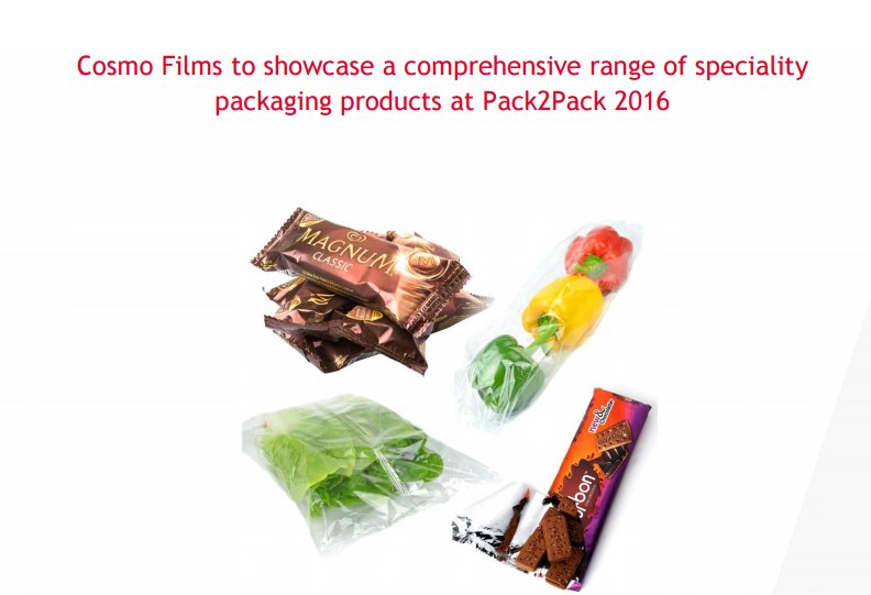 CosmoFilmsLtd's tweet photo. Cosmo Films to showcase a comprehensive range of speciality packaging products at #Pack2Pack 2016 https://t.co/VqCAzWYqm1