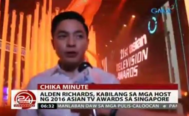 24OrasGMA's tweet photo. #ChikaMinute: Level-up sa hosting si Alden Richards, bilang isa sa mga host ng 2016 @AsianTVAwards sa Singapore! #ALDUBTampuhangMaglola https://t.co/toiceAVHFA