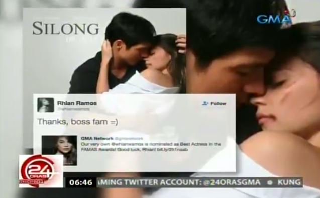 24OrasGMA's tweet photo. #ChikaMinute: Nominado bilang best actress sa FAMAS si Rhian Ramos bilang pagkilala sa husay sa "Silong", kasama si Piolo Pascual. https://t.co/brjPxnXPPw