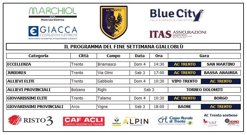 AcTrento's tweet photo. Impgeni #weekend #rappresentative #gialloblù.
La prima squadra ospita l'#Alense al #Briamasco per ultima andata #Eccellenza.
#ForzaTrento https://t.co/HszEf87Muo
