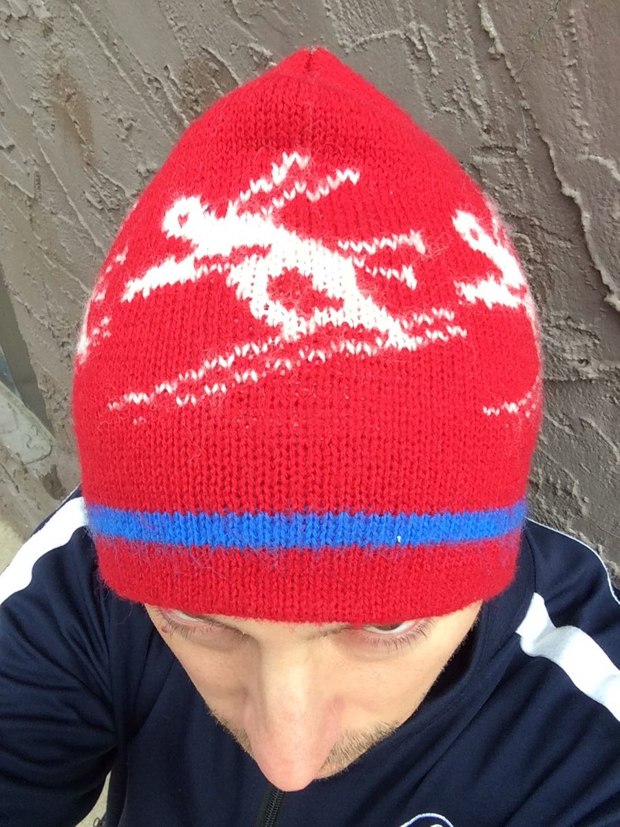 Sporting my old school holiday hat for the <a href="/SantaDashKC/">Westport Santa Dash</a> this morning #nosantasuit