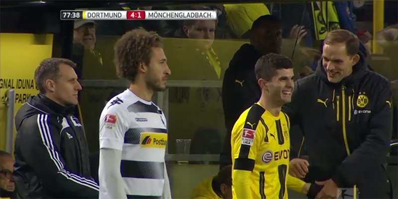 USMNT's tweet photo. With #USMNT head coach Bruce Arena in attendance, both @cpulisic_10 &amp; @FabianJohnson23 have entered #BVBBMG. Catch the end on @FS1. https://t.co/z9Dfi4BBJq