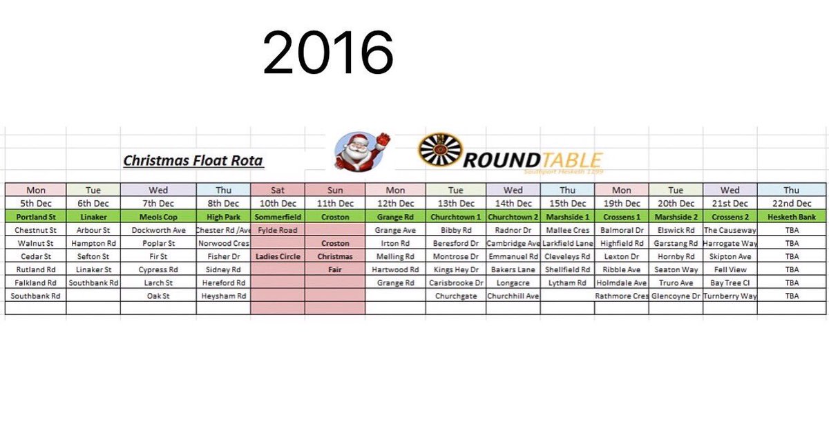 @SHRTRoundTable issues Santa Float Rota #Christmas #Roundtable @radiosouthport <a href="/visitsouthport/">Visit Southport</a> @Visiter <a href="/InsideSouthport/">Inside Southport</a> <a href="/SouthportBID/">Southport BID</a>