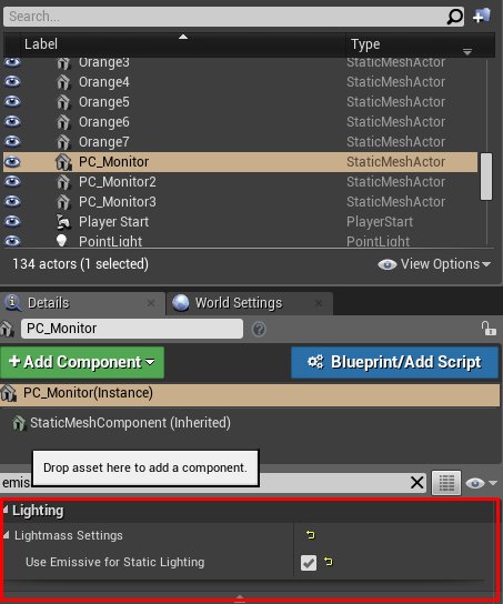 FrightDevBlog's tweet image. #UE4 Tip 2: For an even more convincing pc monitor/tv, turn on &apos;use emissive for static lighting&apos;. #indiedev #indiegame