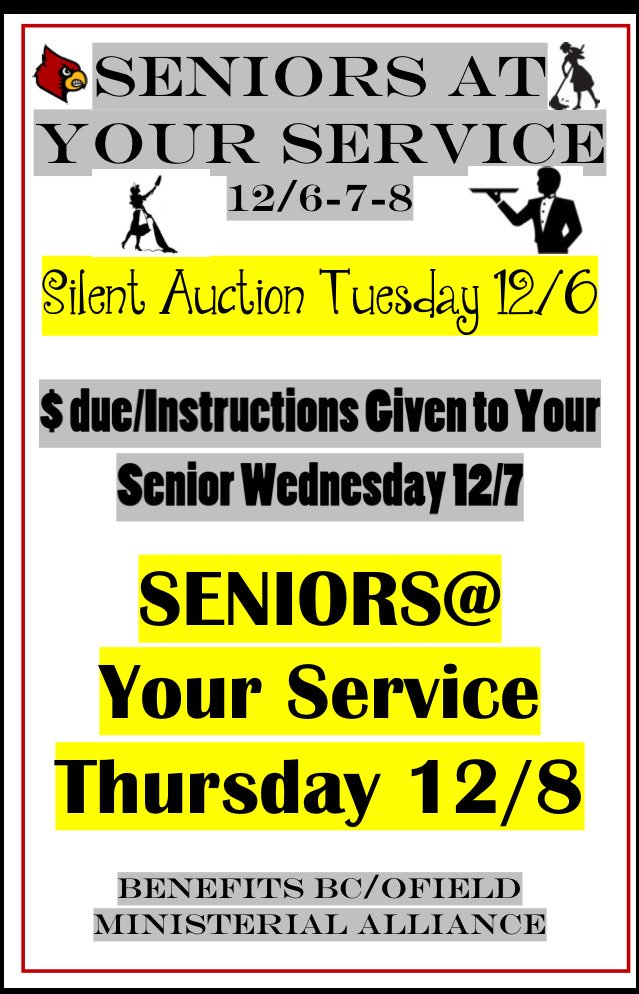 BridgeCityHS's tweet photo. Seniors🎓at Your Service=
Having a Senior as Your Servant for the Day(within reason) Proceeds donated to BC/Ofield Ministerial Alliance https://t.co/ZE2MLAN2ff
