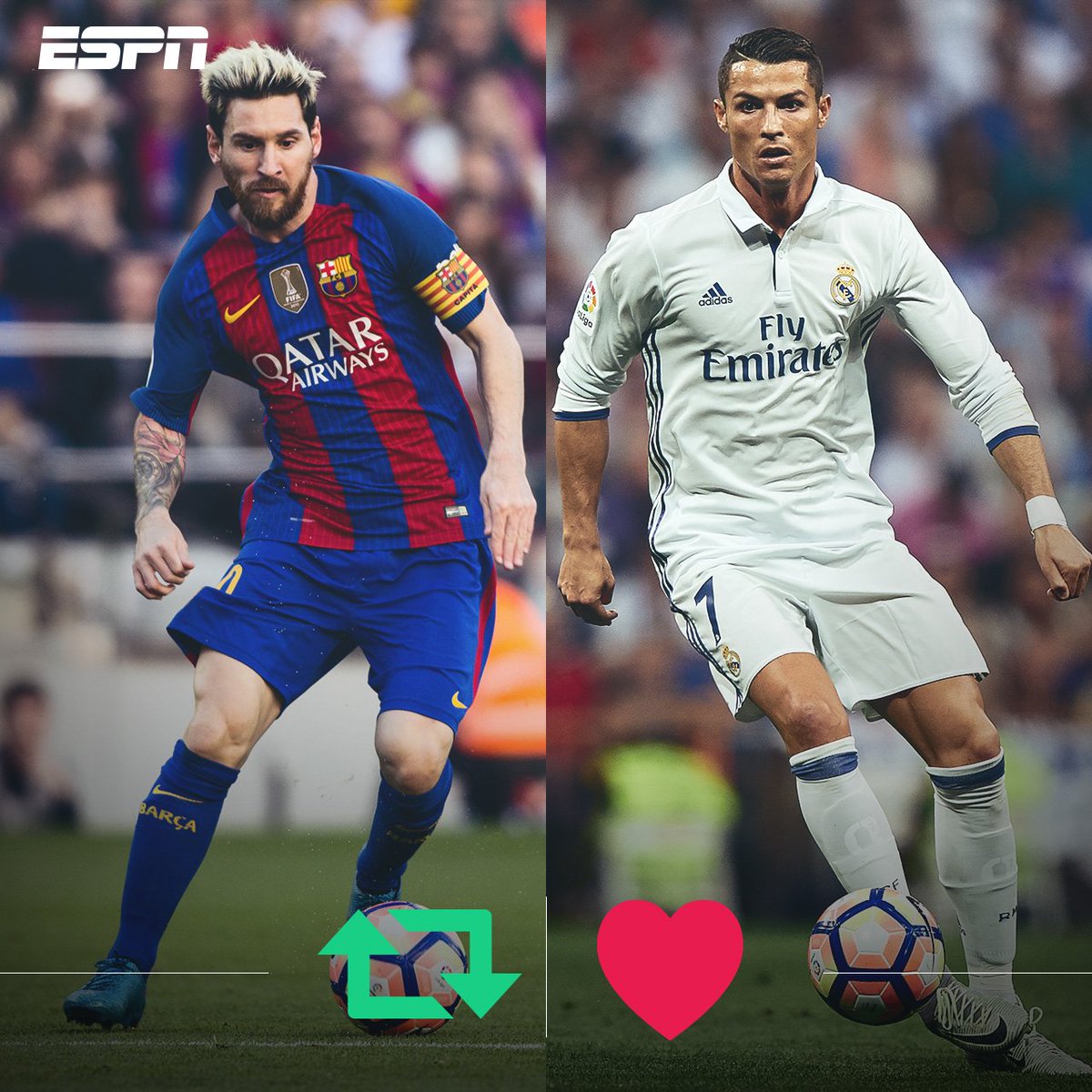 ESPNmx's tweet photo. 😍 ⚽️

¡Faltan 40' para #ElClásico! 

¿Quién ganará?

RT 🔁 @FCBarcelona_es

MG ❤️ @realmadrid

https://t.co/iRKPZr6bHO https://t.co/ht7u54m9eR