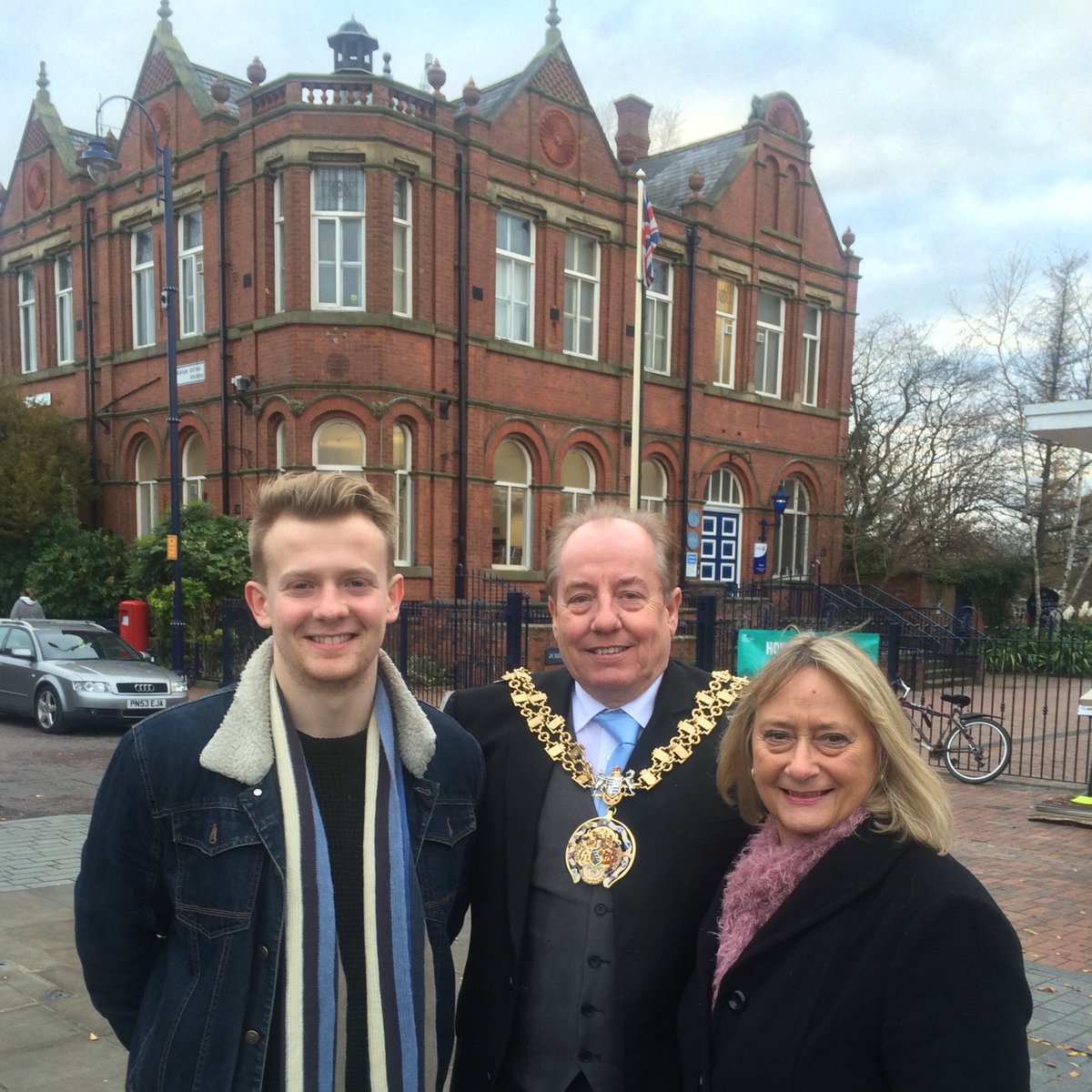 Denton Town Team members Cllrs George Newton &amp; Brenda Warrington are out with the Mayor of Tameside in Denton for #SmallBizSatUK