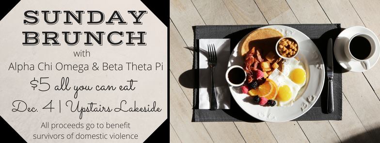 AlphaChiElon's tweet photo. All you can eat brunch for $5 tomorrow 10-2 in upstairs Lakeside. Proceeds support survivors of domestic violence #axoelon #betaelon https://t.co/D9Vz6Naup8