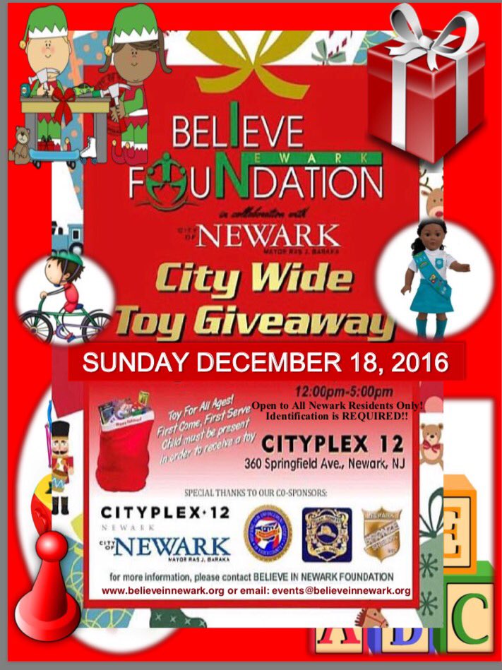 The 2016 Believe In Newark Foundation's City Wide Toy Drive. Open to Newark residents only! Sun, 12/18, 12N-5pm <a href="/rasjbaraka/">Ras J. Baraka</a> <a href="/CityofNewarkNJ/">City of Newark</a>