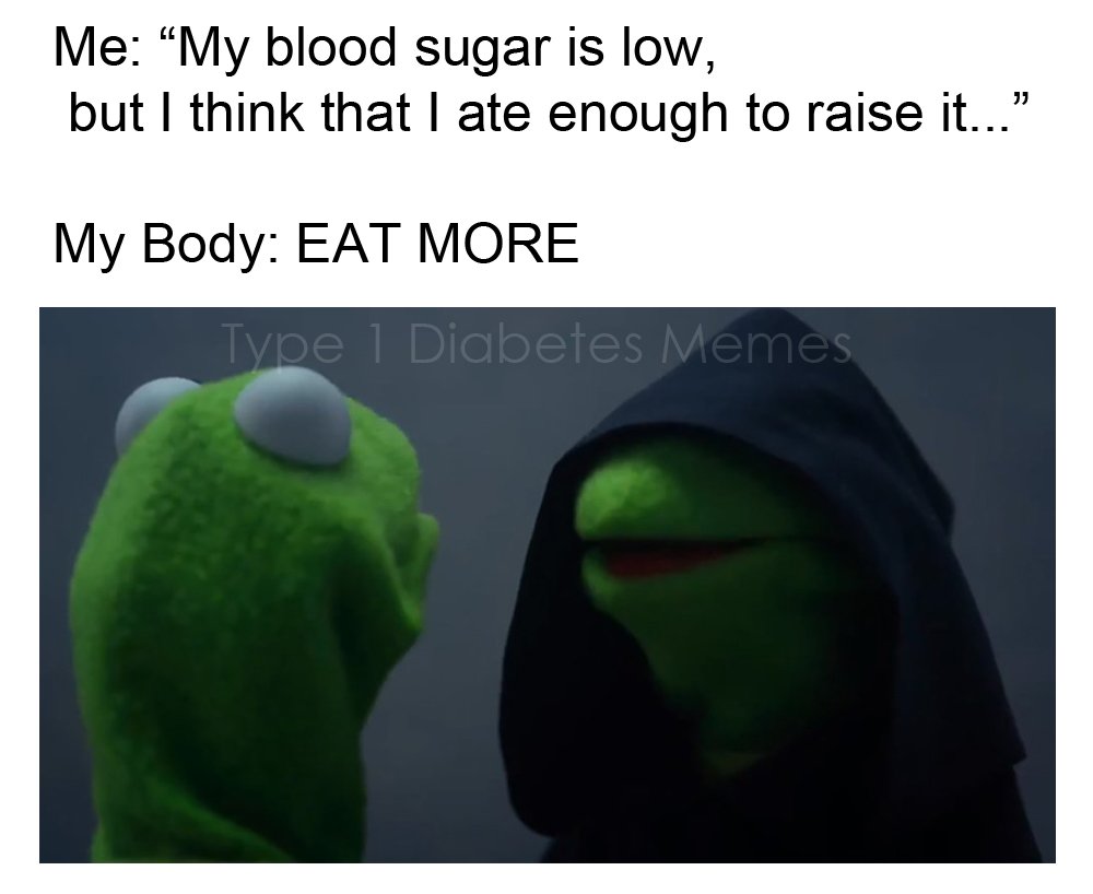 It's really hard to silence that inner voice when you are low that tells  you to keep eating! - Meredith #type1diabetes #type1diabetesmemes, image size:1000x818