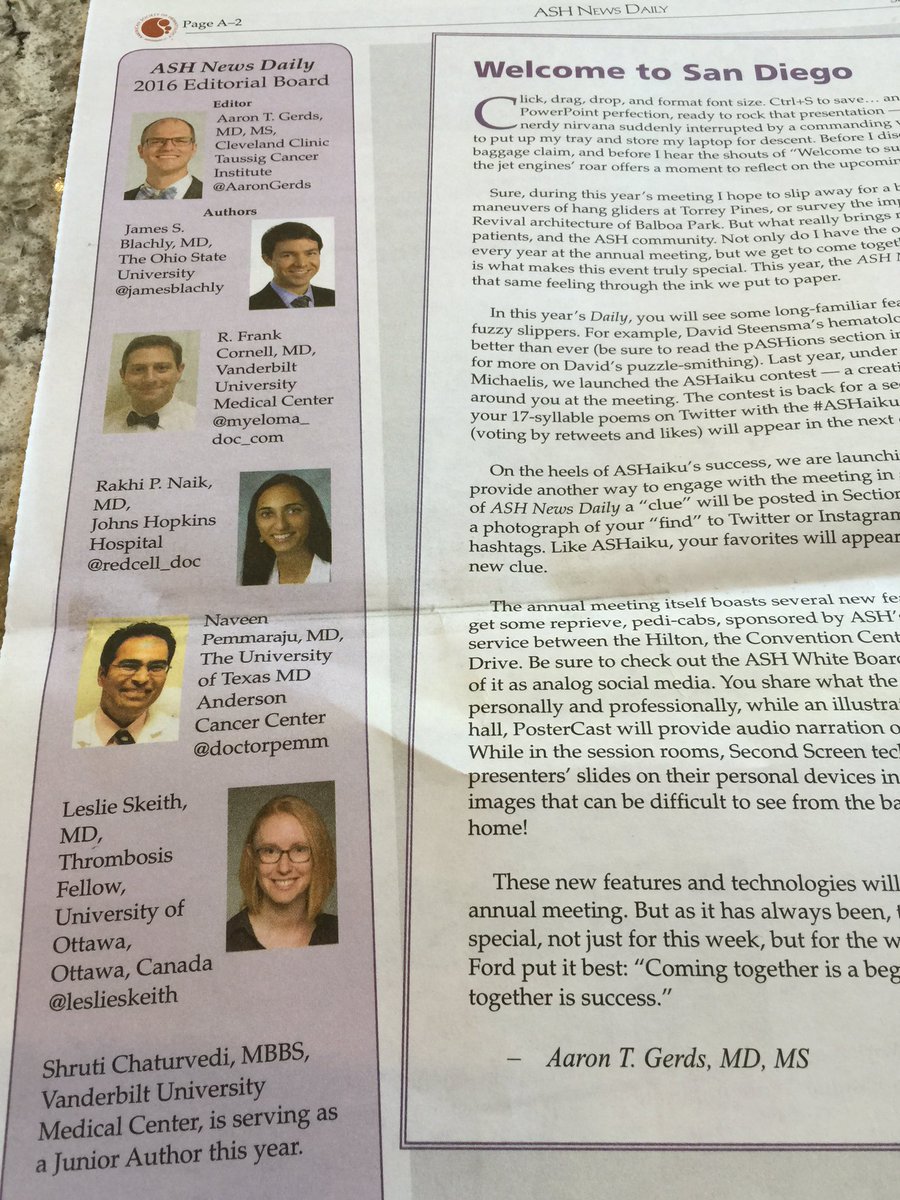 doctorpemm's tweet photo. #ASH16 Excellent work by Editor of #ASHNewsDaily : @AaronGerds & @ASH_hematology Day 1 #ASHNewsDaily & #ASHaiku -check out Day 2 tomorrow! https://t.co/mnk6m1nXwg