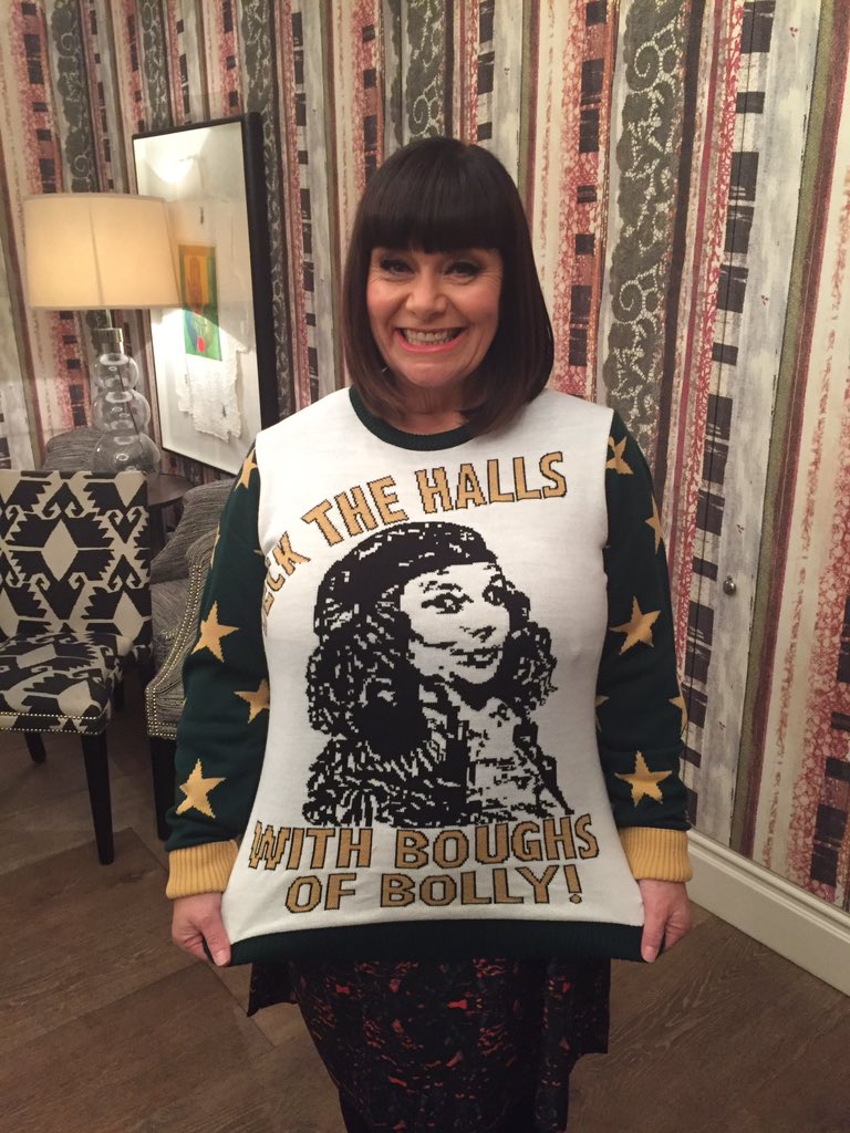 AbFabMovie's tweet photo. Look who’s ready for an #AbFabXmas! @Dawn_French is wearing our exclusive #AbsolutelyFabulous jumper in support of @macmillancancer https://t.co/Do70RcxRQU